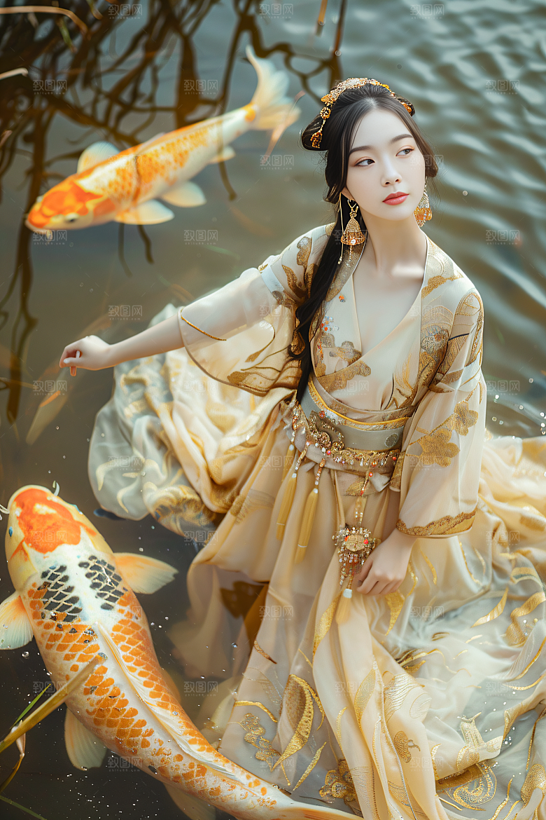 锦鲤汉服美女古风金鱼素材