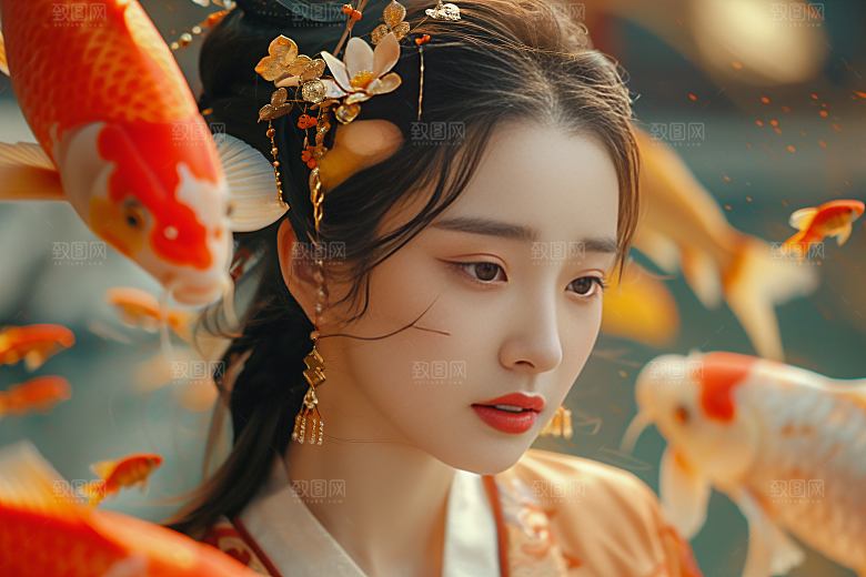 锦鲤汉服美女高清唯美素材
