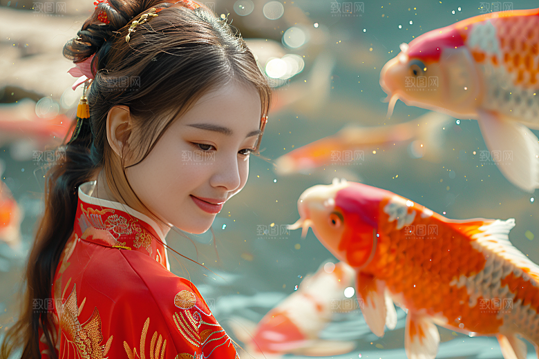 锦鲤汉服美女古风传统素材