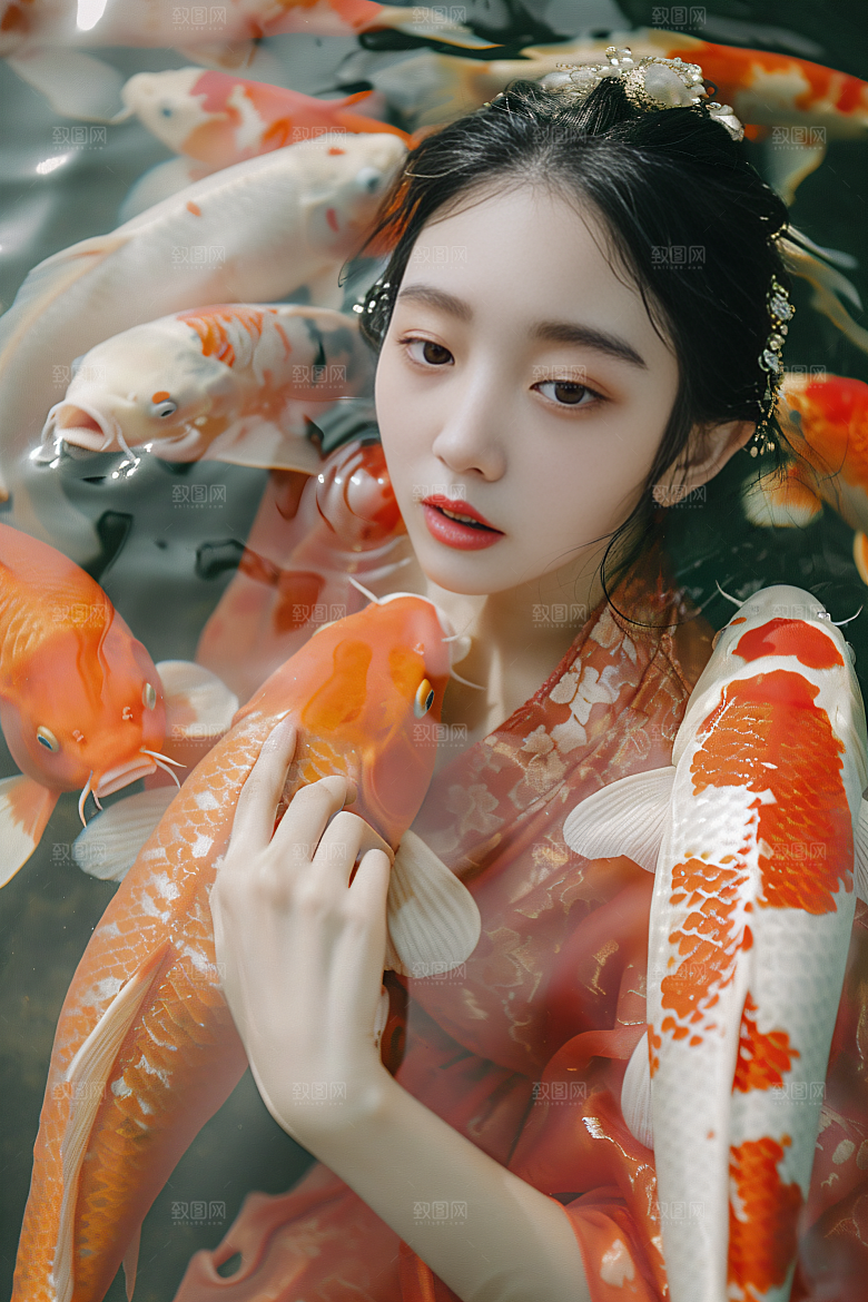 锦鲤汉服美女古风金鱼素材