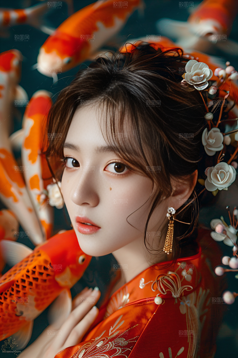 锦鲤汉服美女古风唯美素材