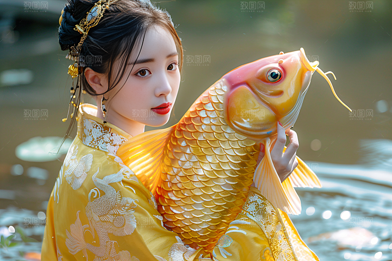 锦鲤汉服美女肖像金鱼素材