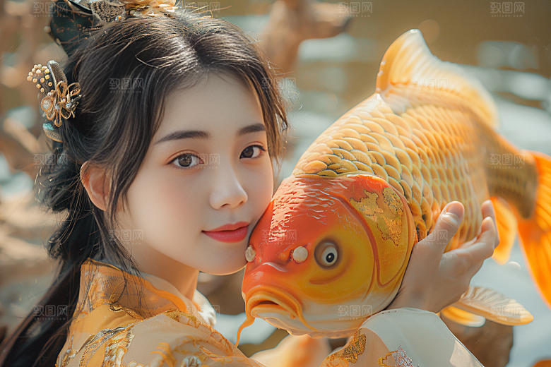 锦鲤汉服美女吉祥唯美素材