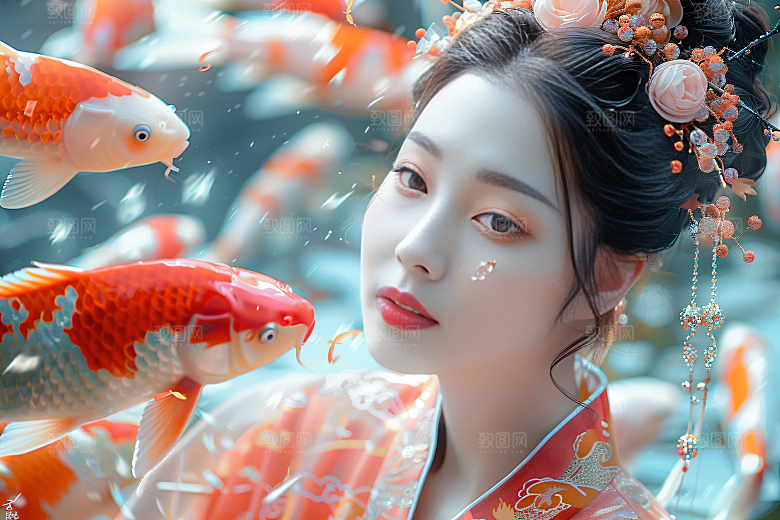 锦鲤汉服美女古风吉祥素材