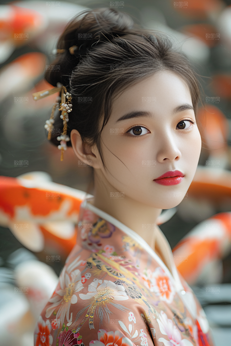 锦鲤汉服美女人像金鱼素材