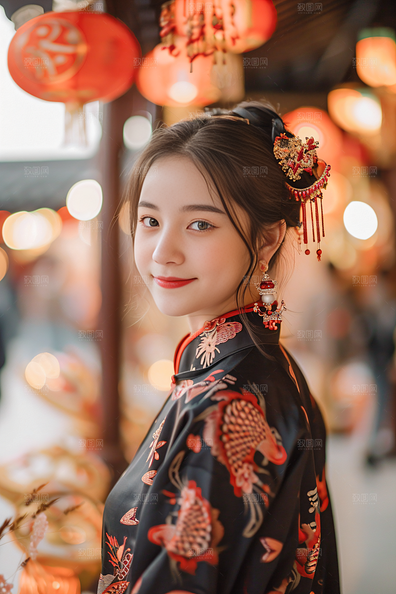 锦鲤汉服美女唯美古风素材