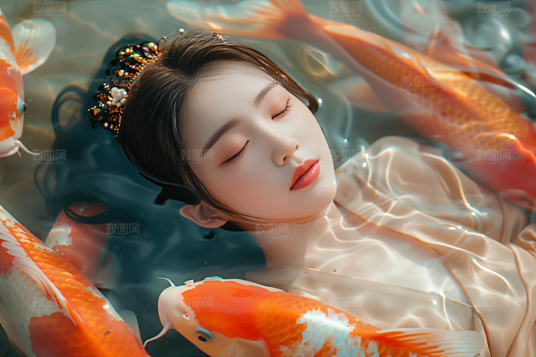 锦鲤汉服美女唯美优雅素材