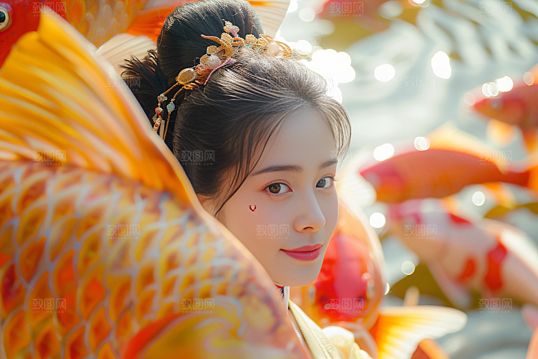 锦鲤汉服美女古风高清素材