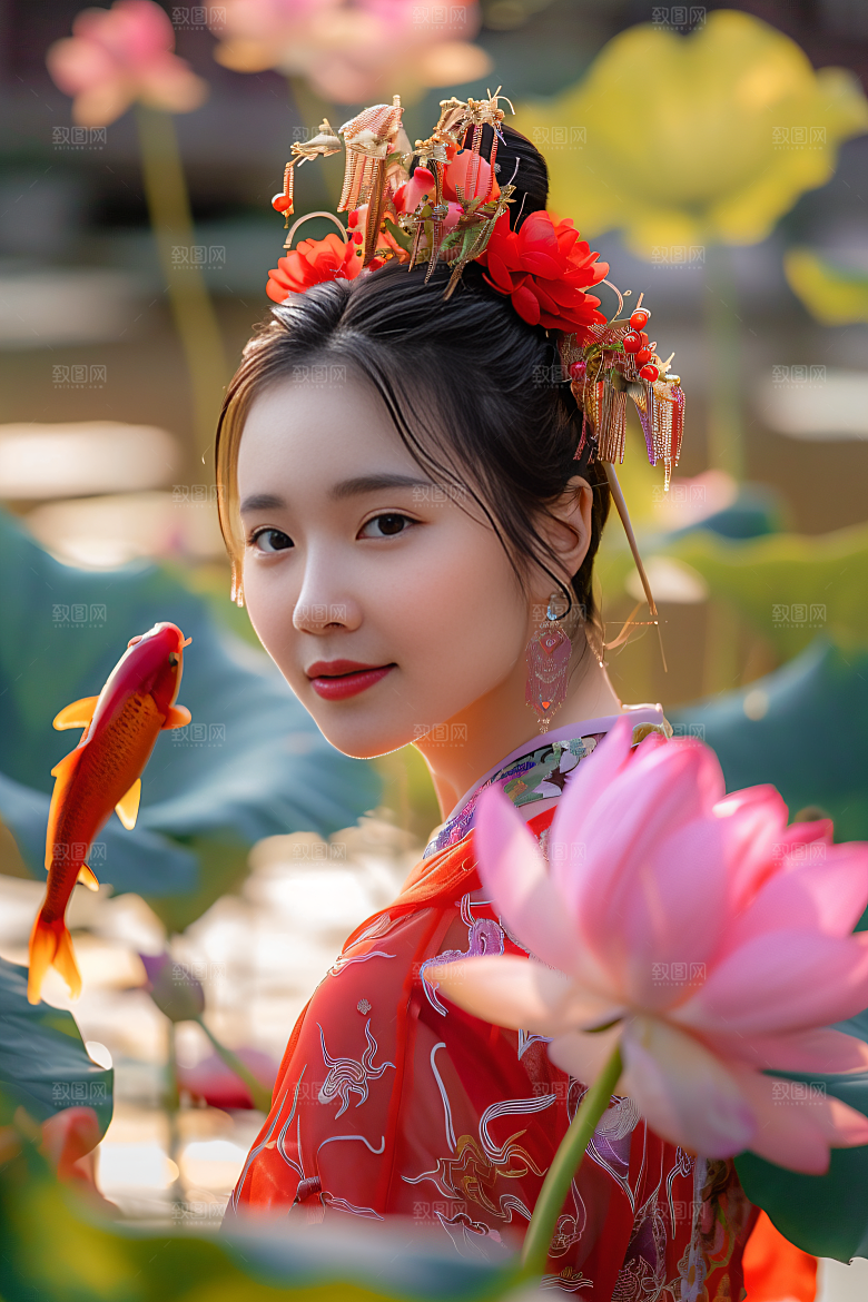 锦鲤汉服美女高清肖像素材