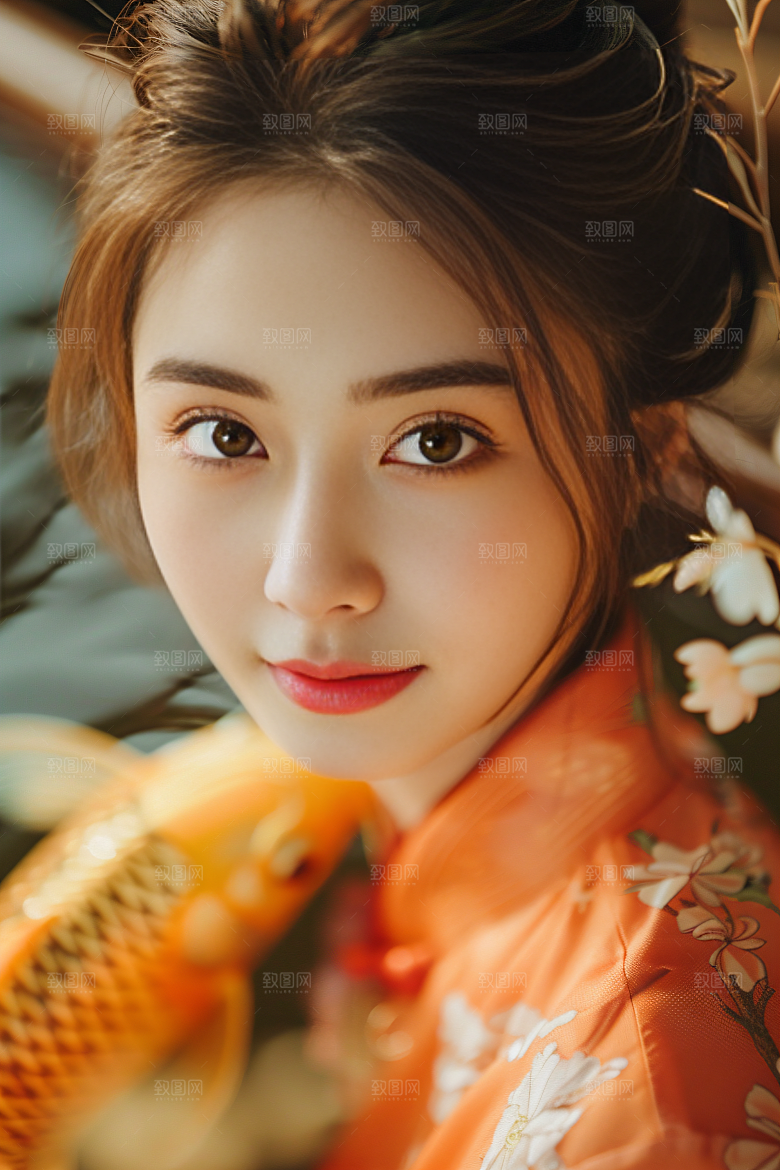 锦鲤汉服美女优雅古风素材