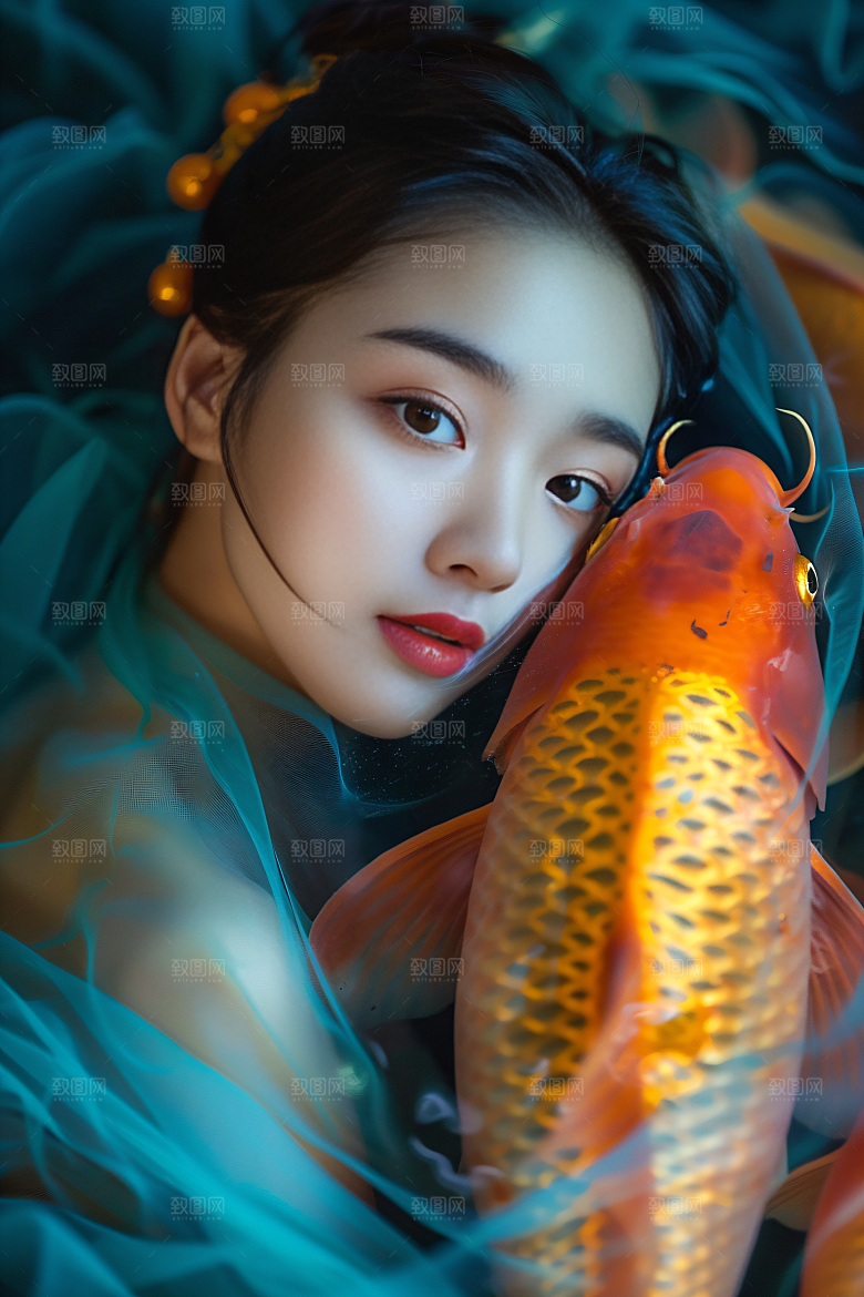 锦鲤汉服美女中国风高清素材