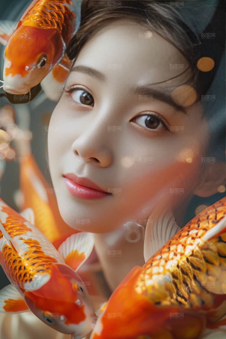 锦鲤汉服美女优雅人像素材