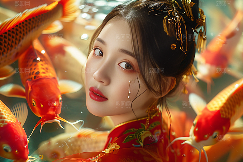 锦鲤汉服美女吉祥肖像素材