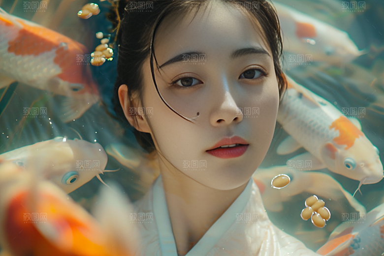 锦鲤汉服美女高清吉祥素材