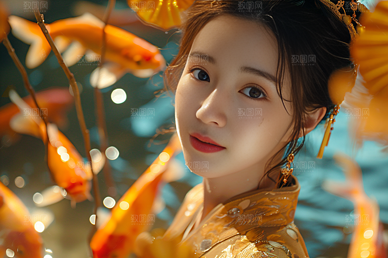 锦鲤汉服美女唯美肖像素材
