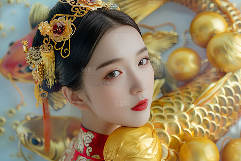 锦鲤汉服美女传统精致素材