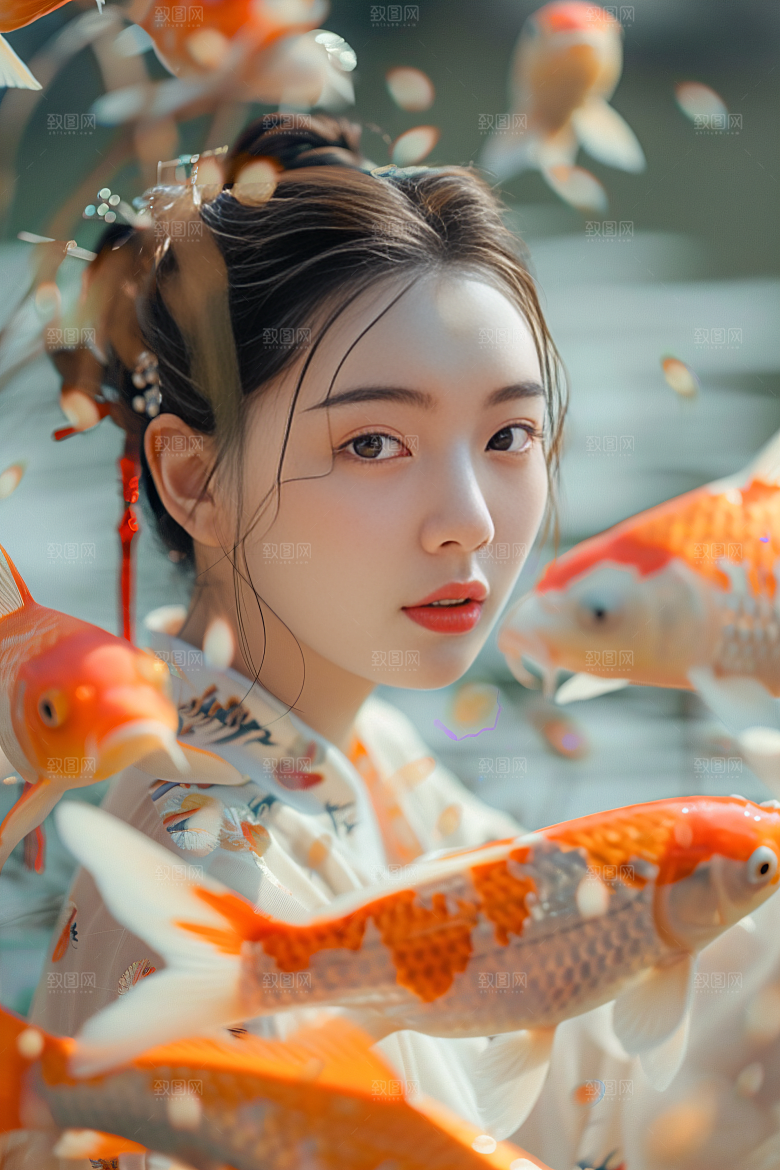 锦鲤汉服美女传统金鱼素材