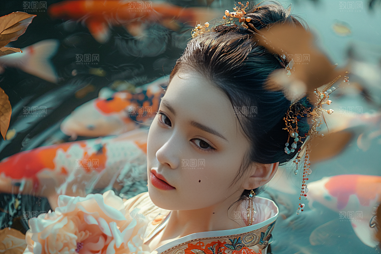 锦鲤汉服美女古风人像素材
