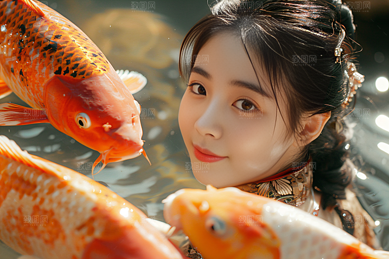 锦鲤汉服美女精致吉祥素材
