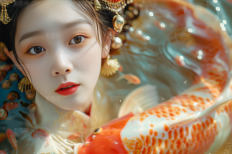 锦鲤汉服美女肖像优雅素材