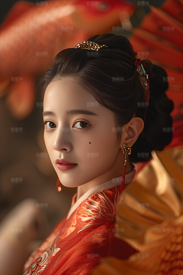 锦鲤汉服美女唯美中国风素材