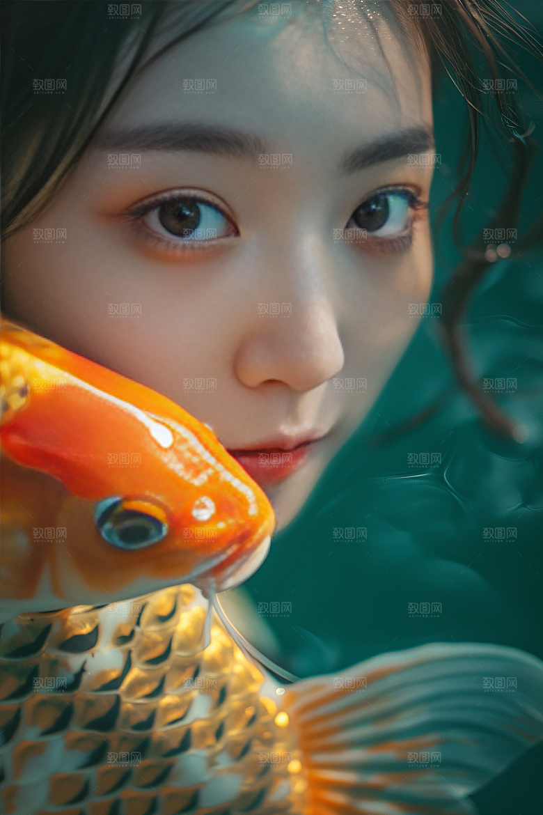 锦鲤汉服美女吉祥传统素材