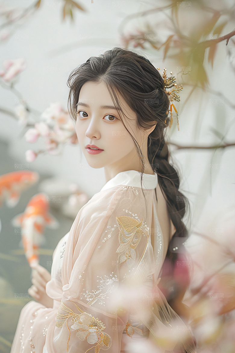 锦鲤汉服美女中国风唯美素材
