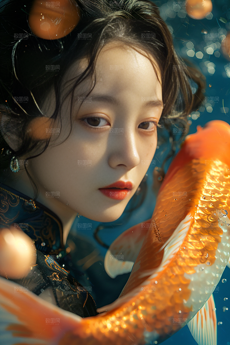 锦鲤汉服美女金鱼传统素材