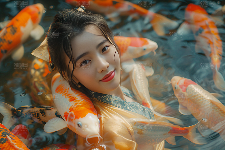 锦鲤汉服美女优雅精致素材