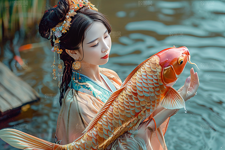 锦鲤汉服美女吉祥优雅素材