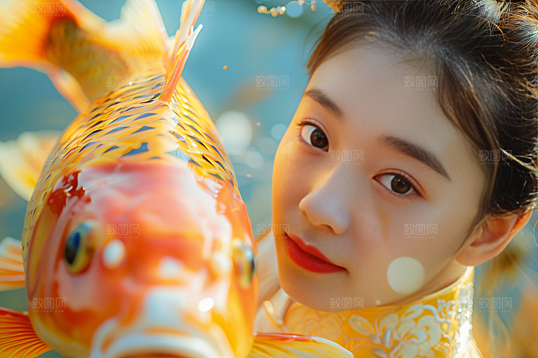锦鲤汉服美女优雅传统素材