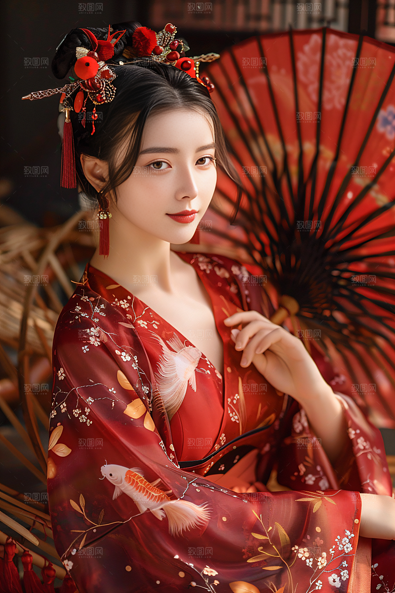 锦鲤汉服美女金鱼唯美素材