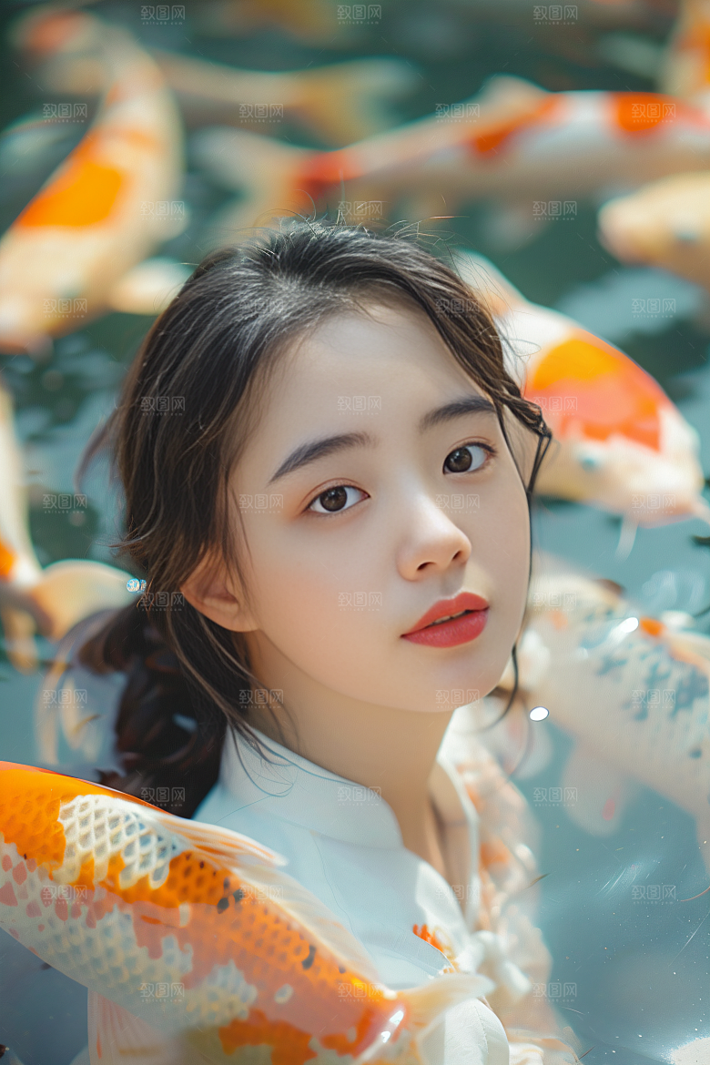 锦鲤汉服美女中国风古风素材