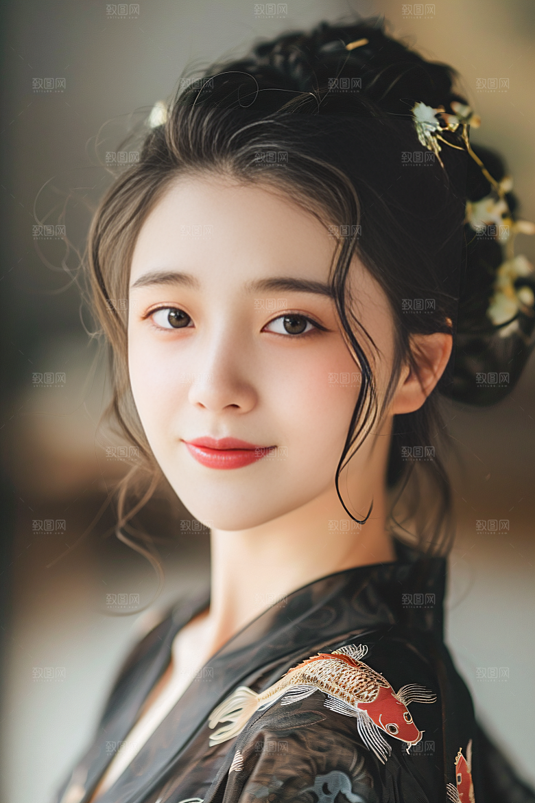 锦鲤汉服美女金鱼优雅素材