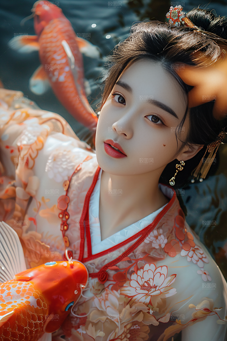 锦鲤汉服美女古风唯美素材
