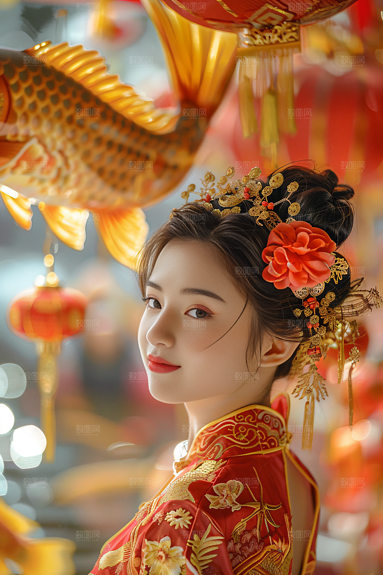 锦鲤汉服美女高清传统素材