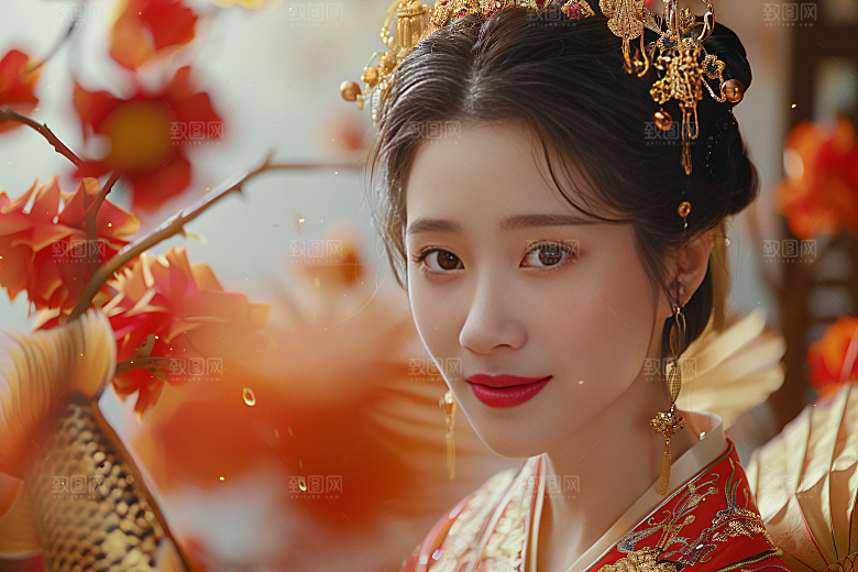 锦鲤汉服美女古风精致素材