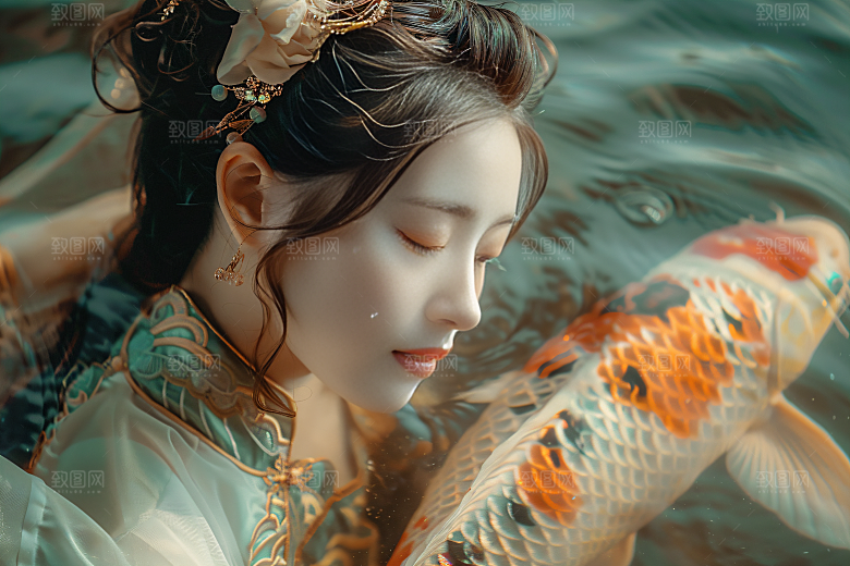 锦鲤汉服美女金鱼高清素材
