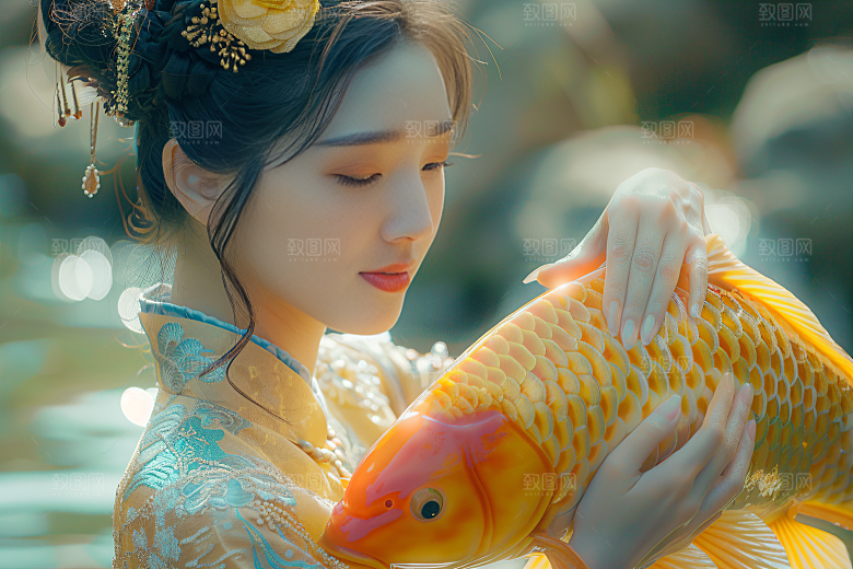 锦鲤汉服美女中国风肖像素材