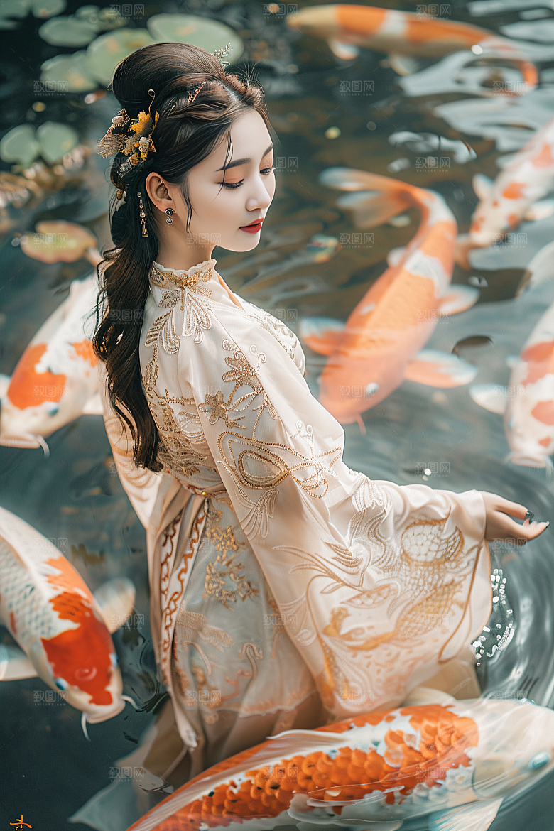 锦鲤汉服美女传统唯美素材