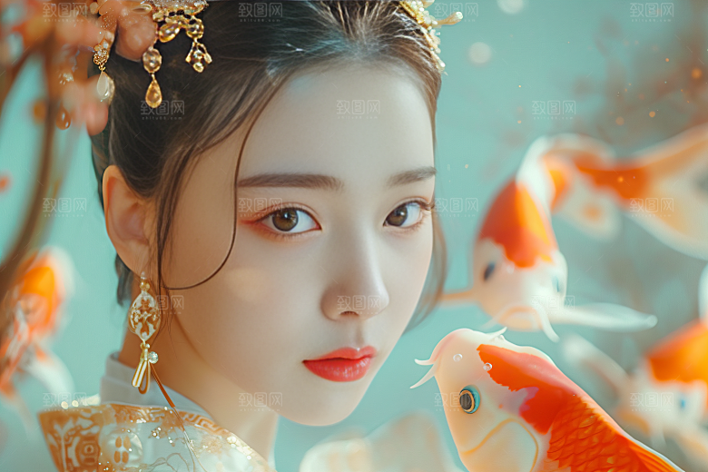 锦鲤汉服美女优雅精致素材