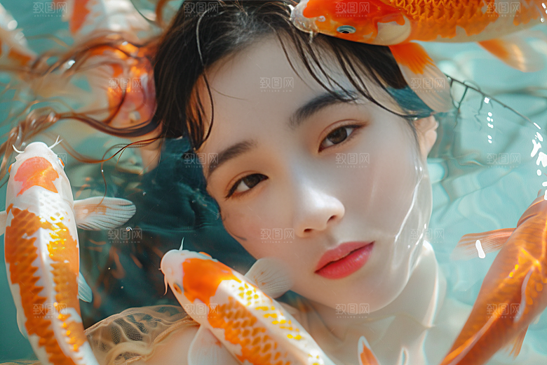 锦鲤汉服美女古风中国风素材
