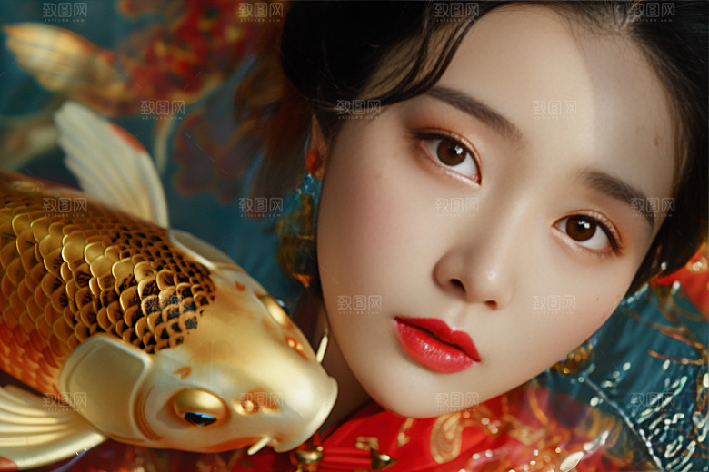 锦鲤汉服美女唯美古风素材