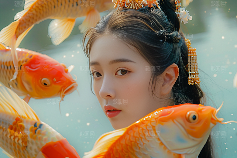 锦鲤汉服美女中国风肖像素材