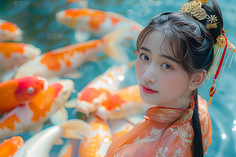 锦鲤汉服美女金鱼优雅素材