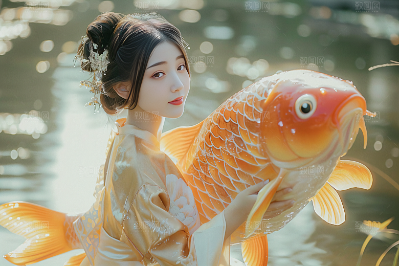 锦鲤汉服美女优雅吉祥素材