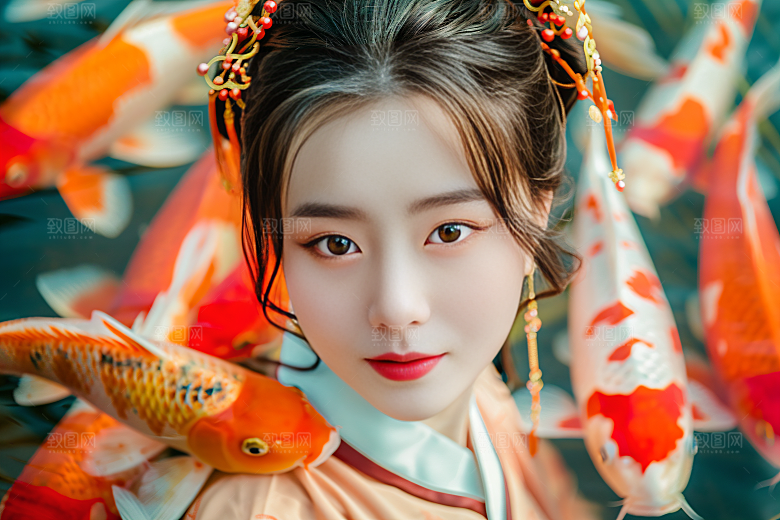 锦鲤汉服美女古风精致素材