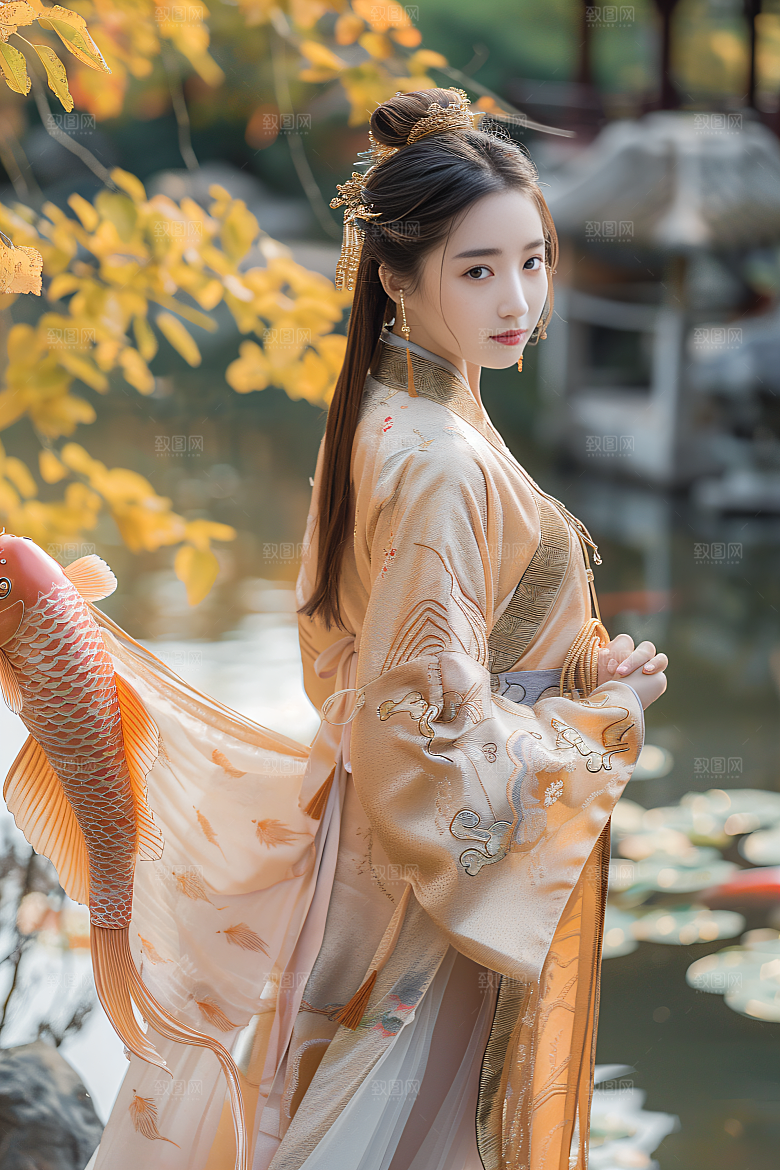 锦鲤汉服美女古风吉祥素材