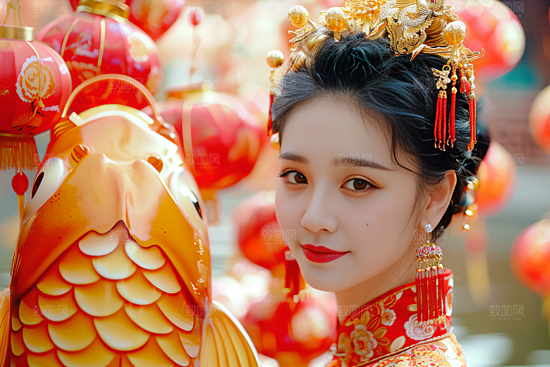 锦鲤汉服美女优雅中国风素材