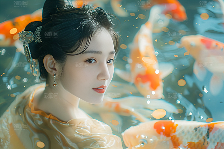 锦鲤汉服美女高清金鱼素材